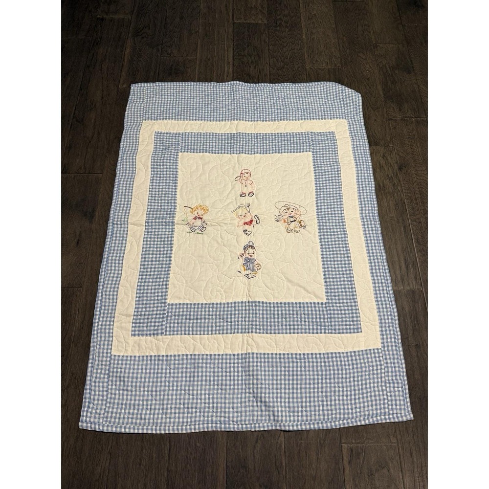 Vintage Hand Embroidered Blue & White Gingham Baby Quilt Baseball Football